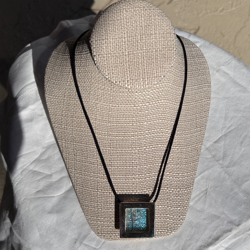 Dichroic Glass necklace in gallery pendent silver frame & clasp black cord VTG‎